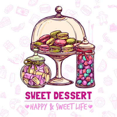 Candy shop poster with sweets cookies and macarons sketch vector illustration