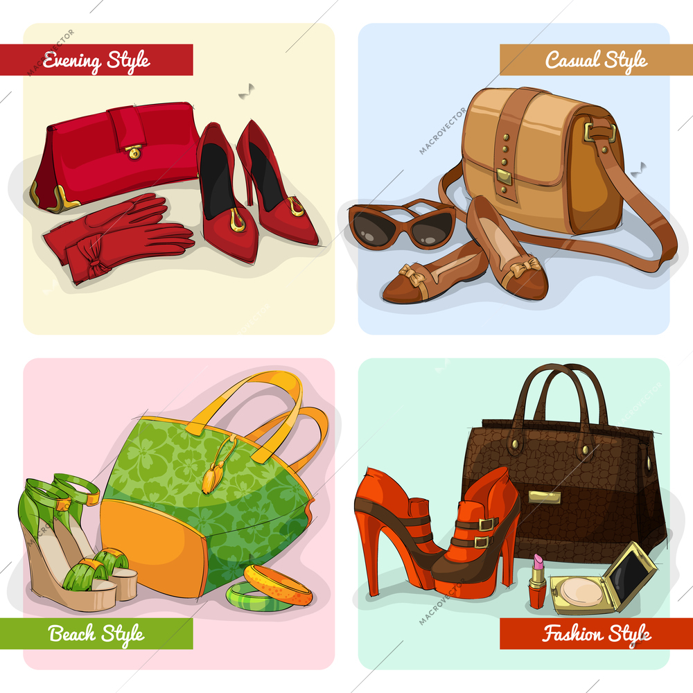 Set of women elegant bags shoes and accessories in evening fashion casual and beach style isolated vector illustration