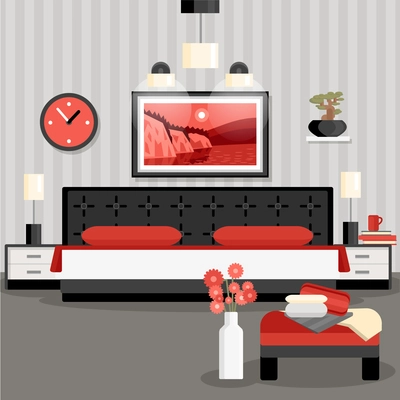 Bedroom design cartoon concept with bed flowers lamps and painting vector illustration