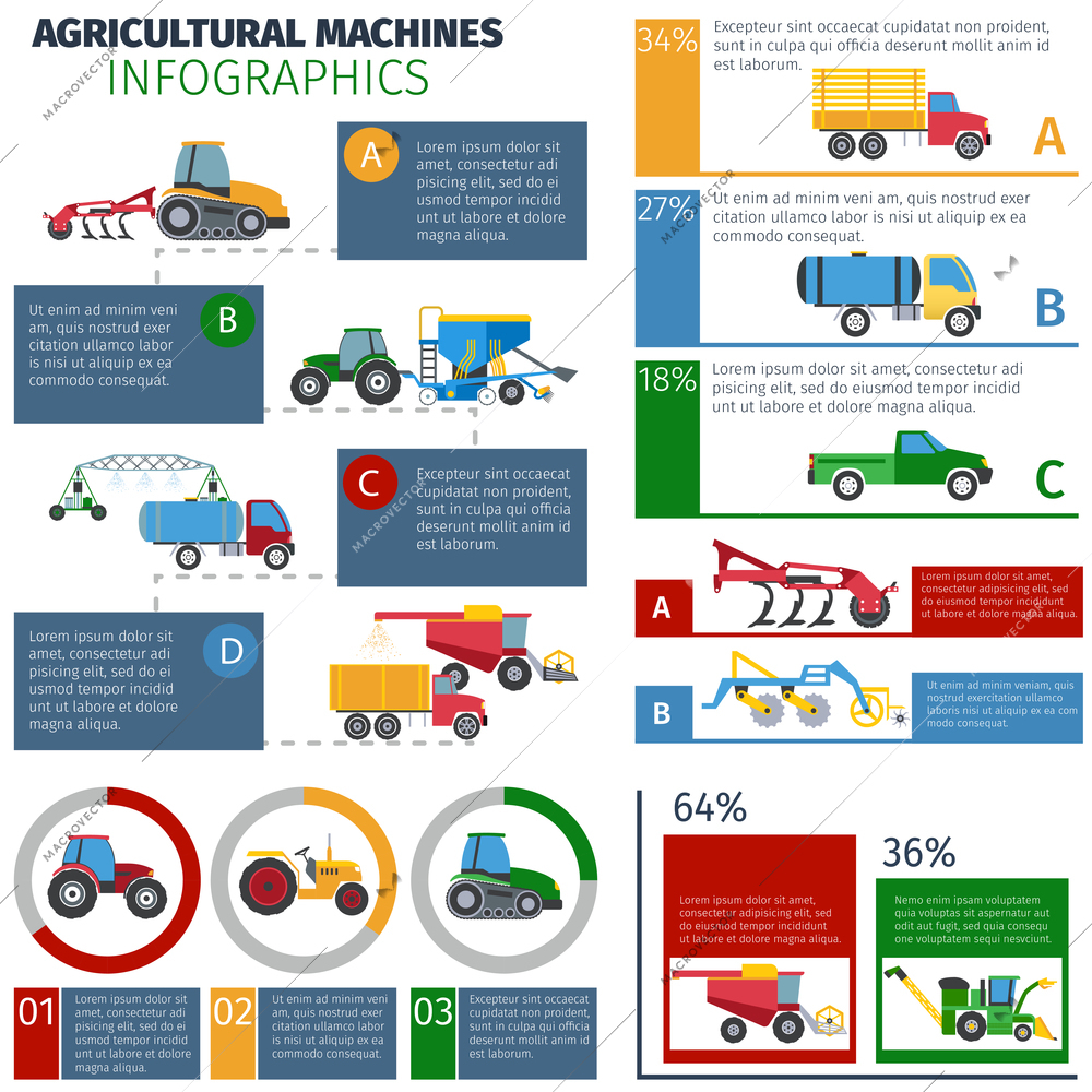 Agricultural machines infographic set with sprayer tractors and plough flat vector illustration