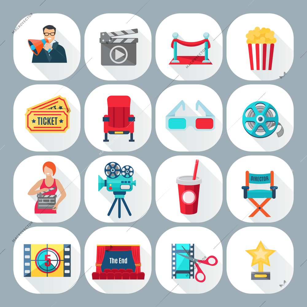 Film shooting icons set with director operator and cinema on grey background shadow flat isolated vector illustration