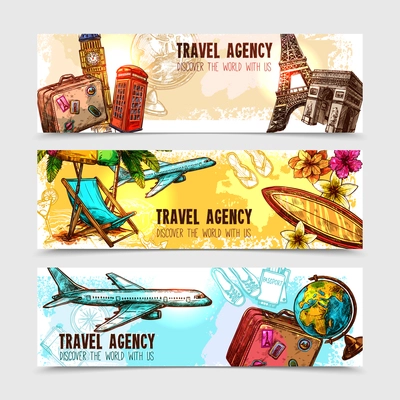 Travel horizontal banner set with sketch landmarks and vacation elements isolated vector illustration