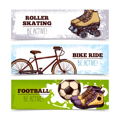 Summer sport horizontal banners set with hand drawn bicycle and football ball isolated vector illustration