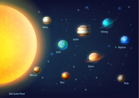 Solar system background with sun planets and outer space cartoon vector illustration