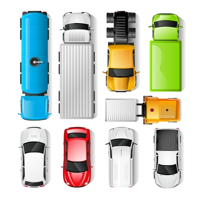 Realistic cars and trucks top view set isolated vector illustration