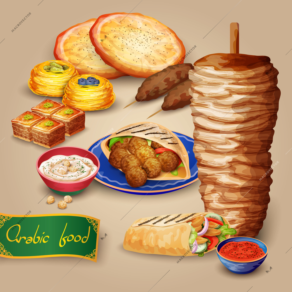 Arabic food set with shawarma kebab hummus and pita cartoon vector illustration