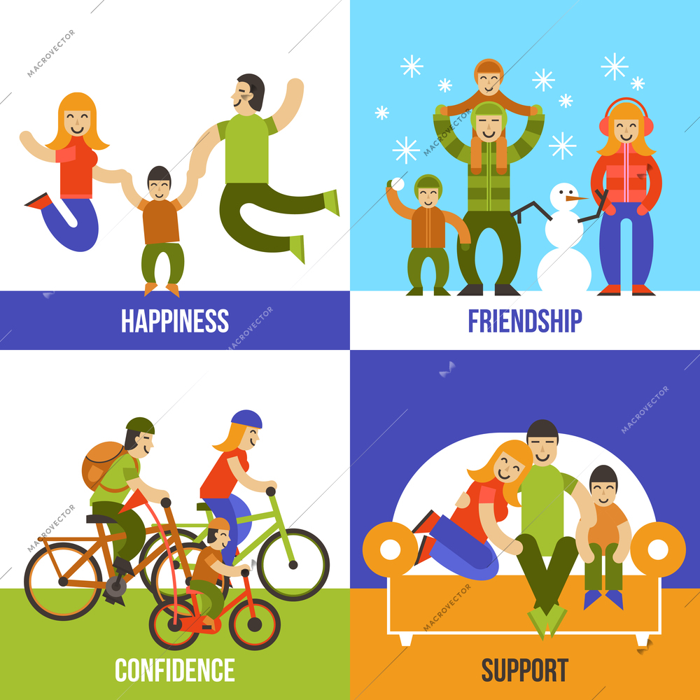 Family design concept set with happiness friendship confidence support flat icons isolated vector illustration