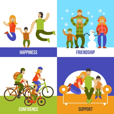 Family design concept set with happiness friendship confidence support flat icons isolated vector illustration