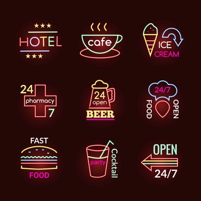 Neon signs of beer pub hotel and pharmacy set isolated vector illustration