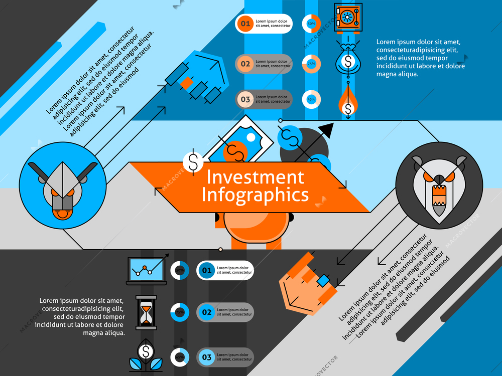 Investment line infographic set with stock symbols and numbers flat vector  illustration