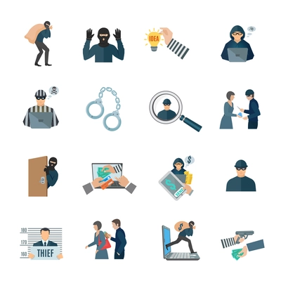 Theft and thief icons set with laptop handcuffs and prison flat isolated vector illustration