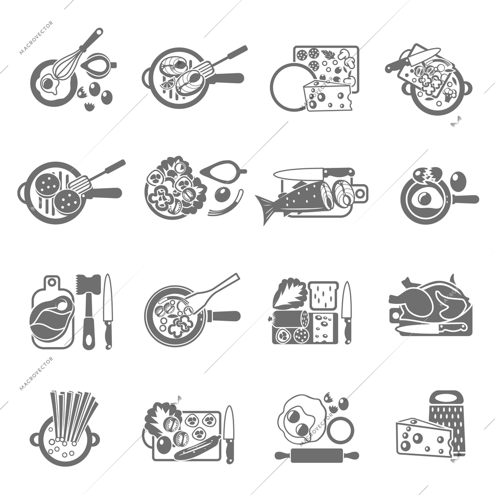 Healthy home cooking concept flat icons set with vegetables meat and fish dishes abstract isolated vector illustration