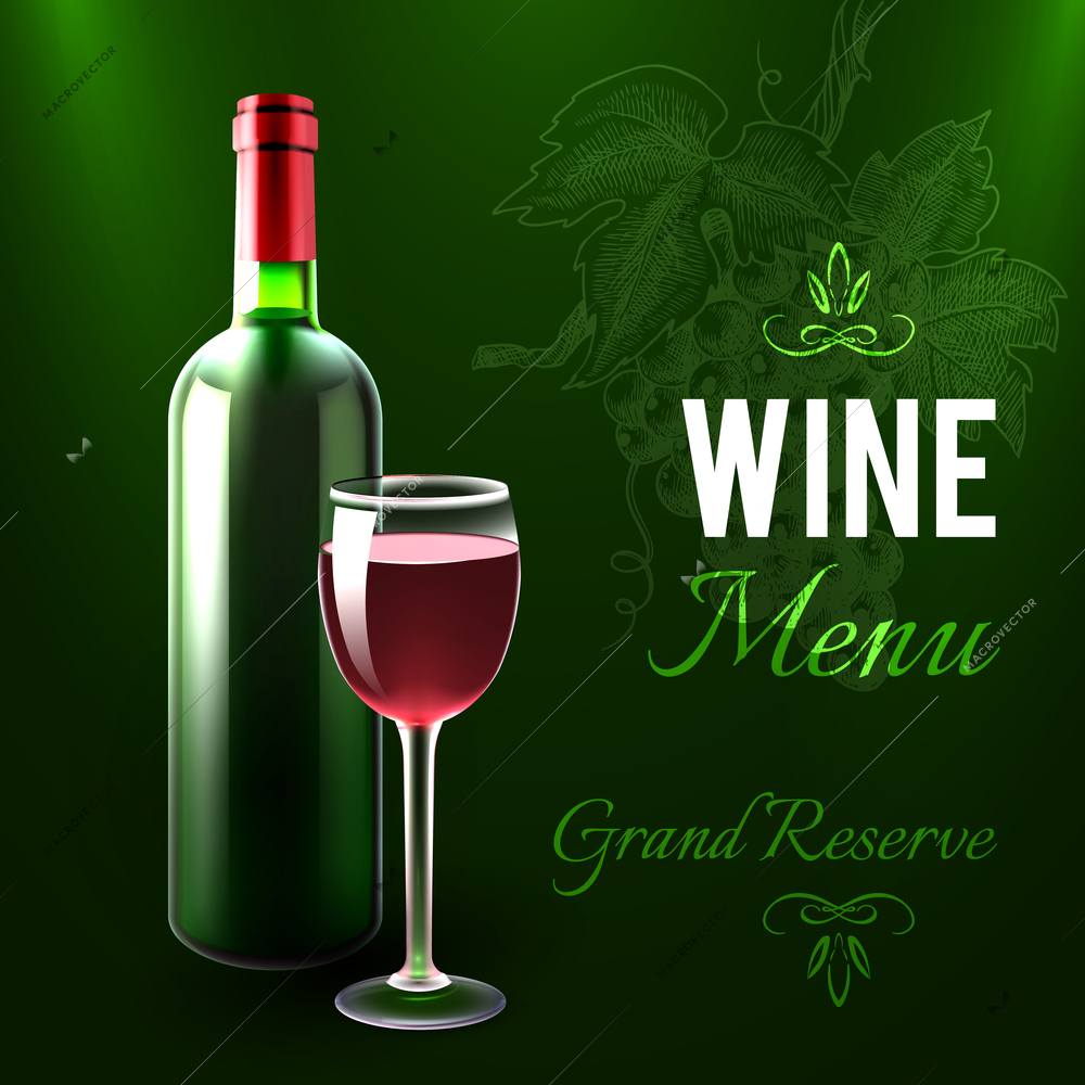 Wine menu template with red wine bottle and glass realistic vector illustration