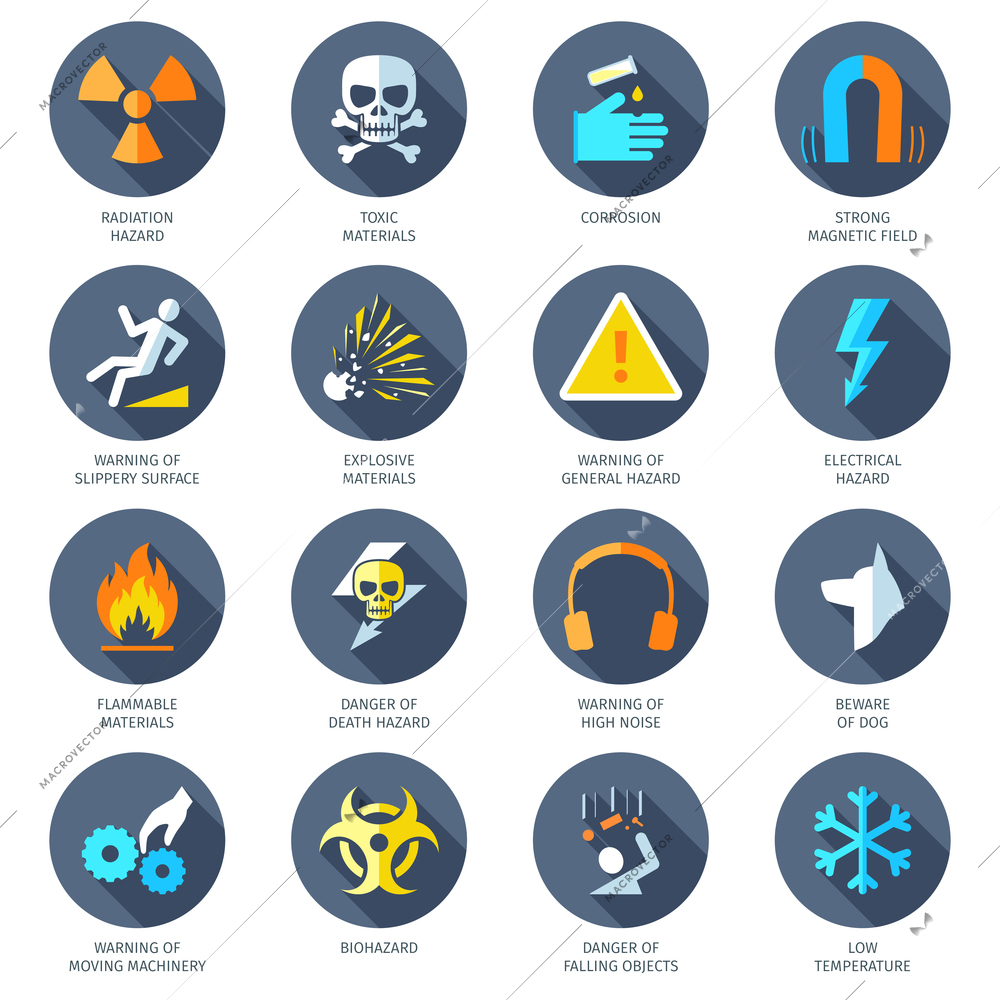 Chemical electrical radiation and other dangerous hazard icons flat set isolated vector illustration