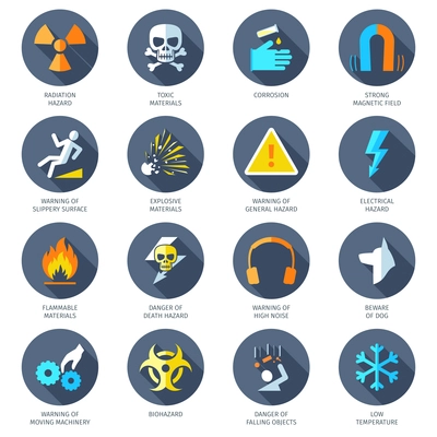 Chemical electrical radiation and other dangerous hazard icons flat set isolated vector illustration