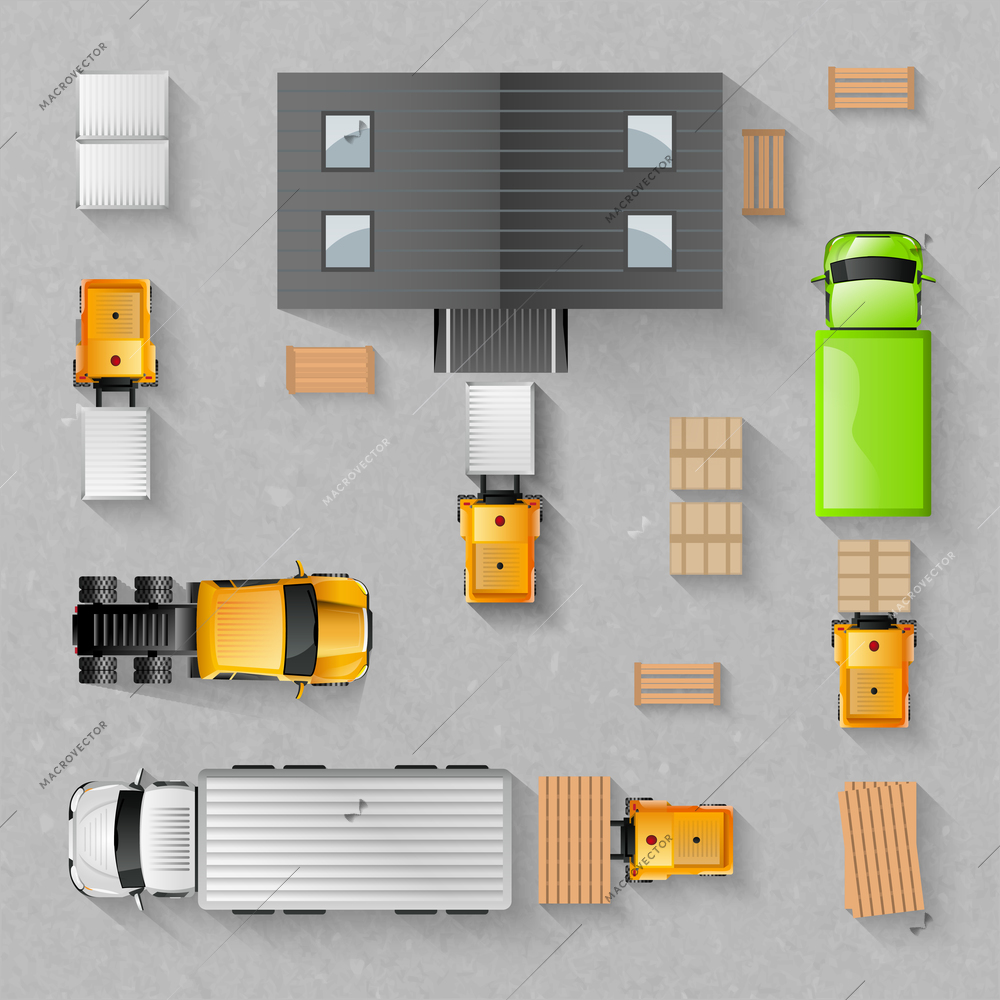 Warehouse concept with top view trucks and buildings isolated vector illustration