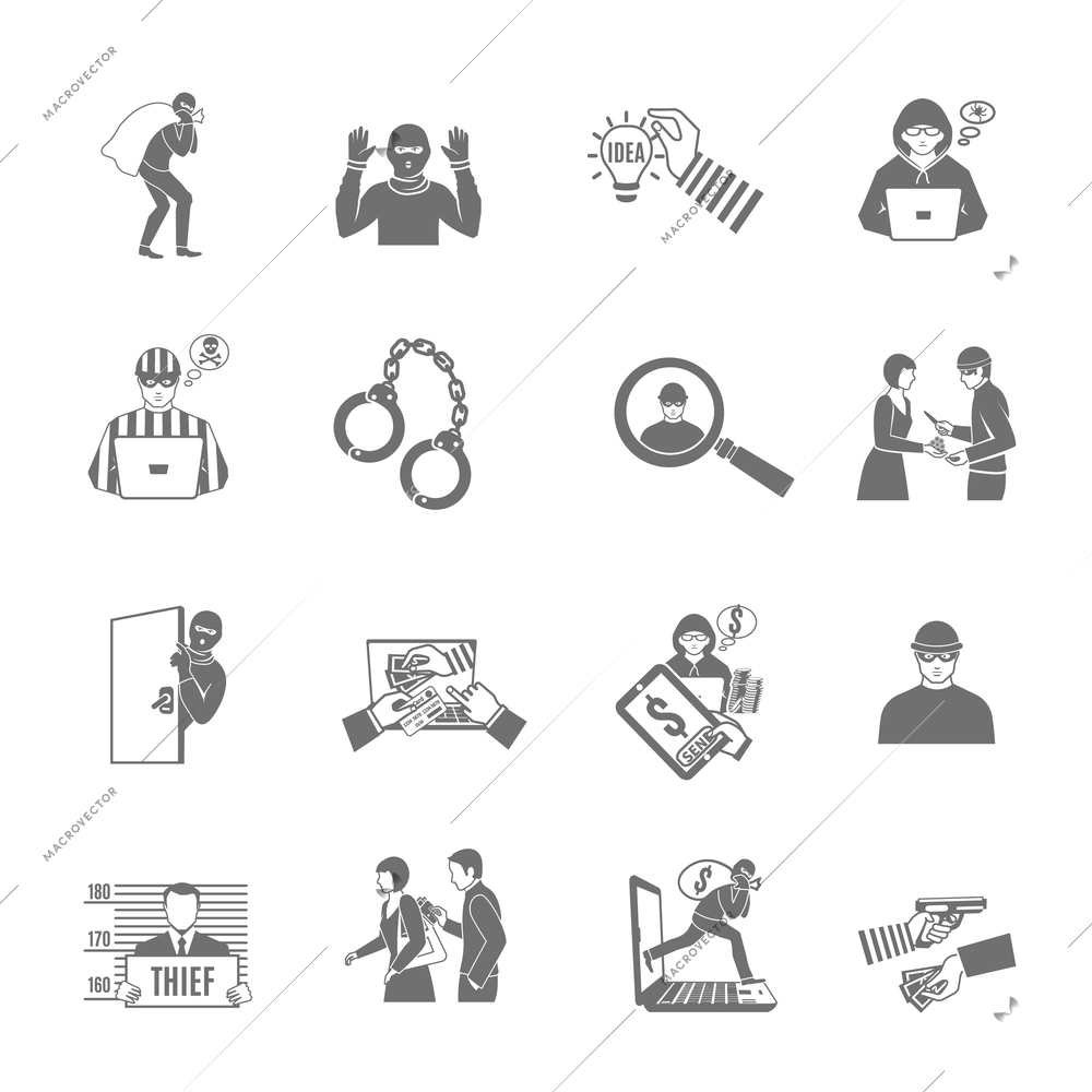 Theft and robbery black white icons set with stealing and breaking flat isolated vector illustration