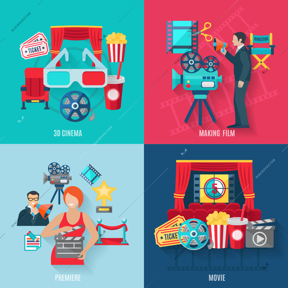 Movie making and premiere icons set with 3d cinema film stars and director flat isolated vector illustration