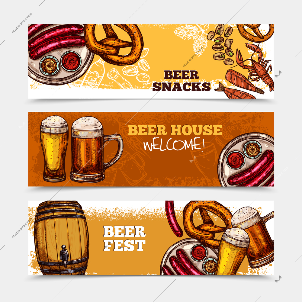 Beer horizontal banner set with sketch drinks and snacks isolated vector illustration