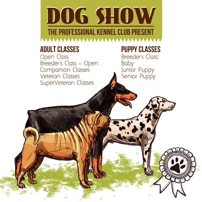 Dogs show with sketch doberman dalmatian and shar-pei profiles vector illustration