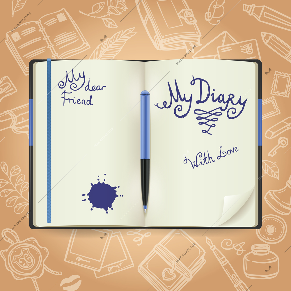 Diary concept with realistic notebook and sketch books symbols on background vector illustration