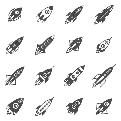 Space rockets black white icons set with start and flight flat isolated vector illustration