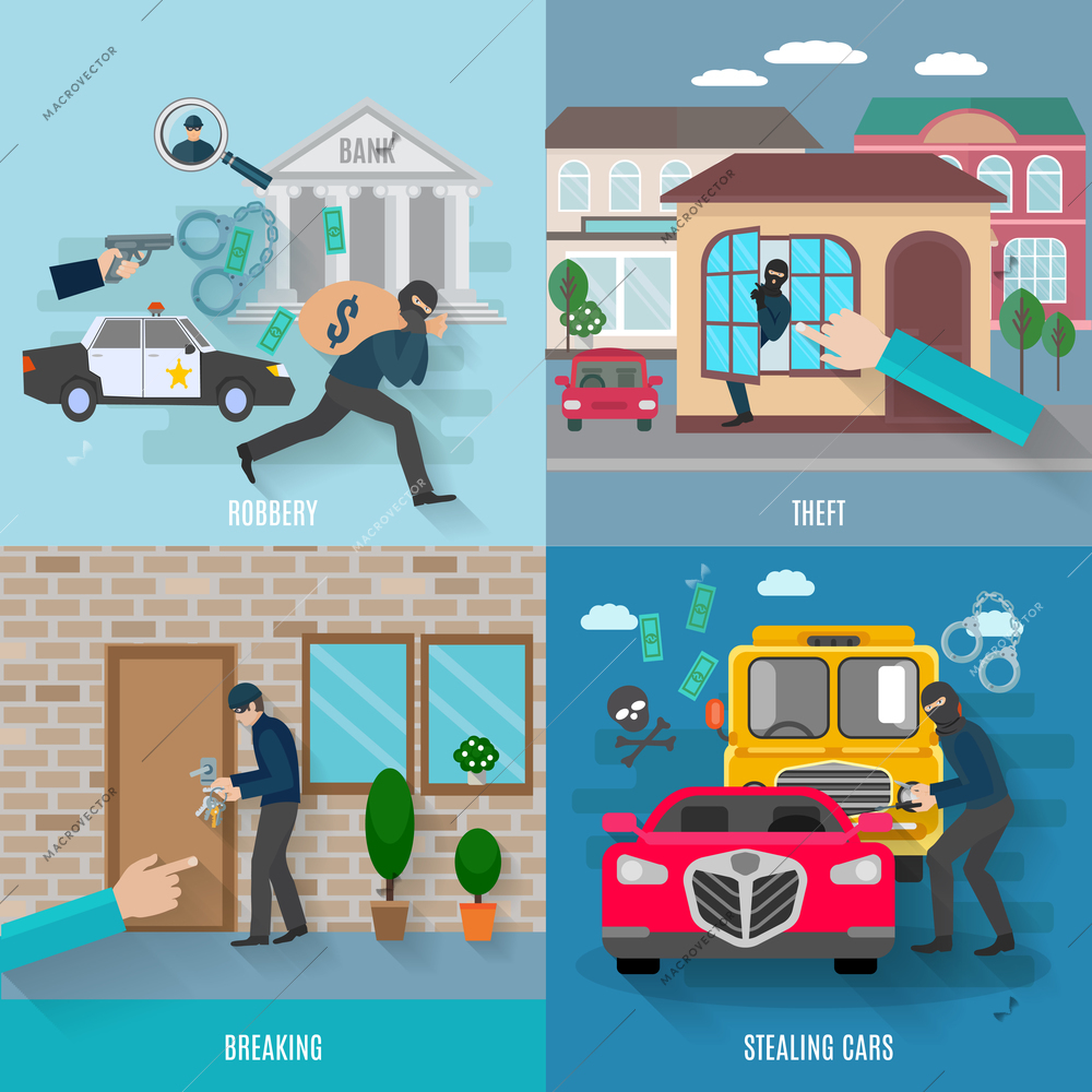 Stealing icons set with breaking robbery and stealing cars flat isolated vector illustration