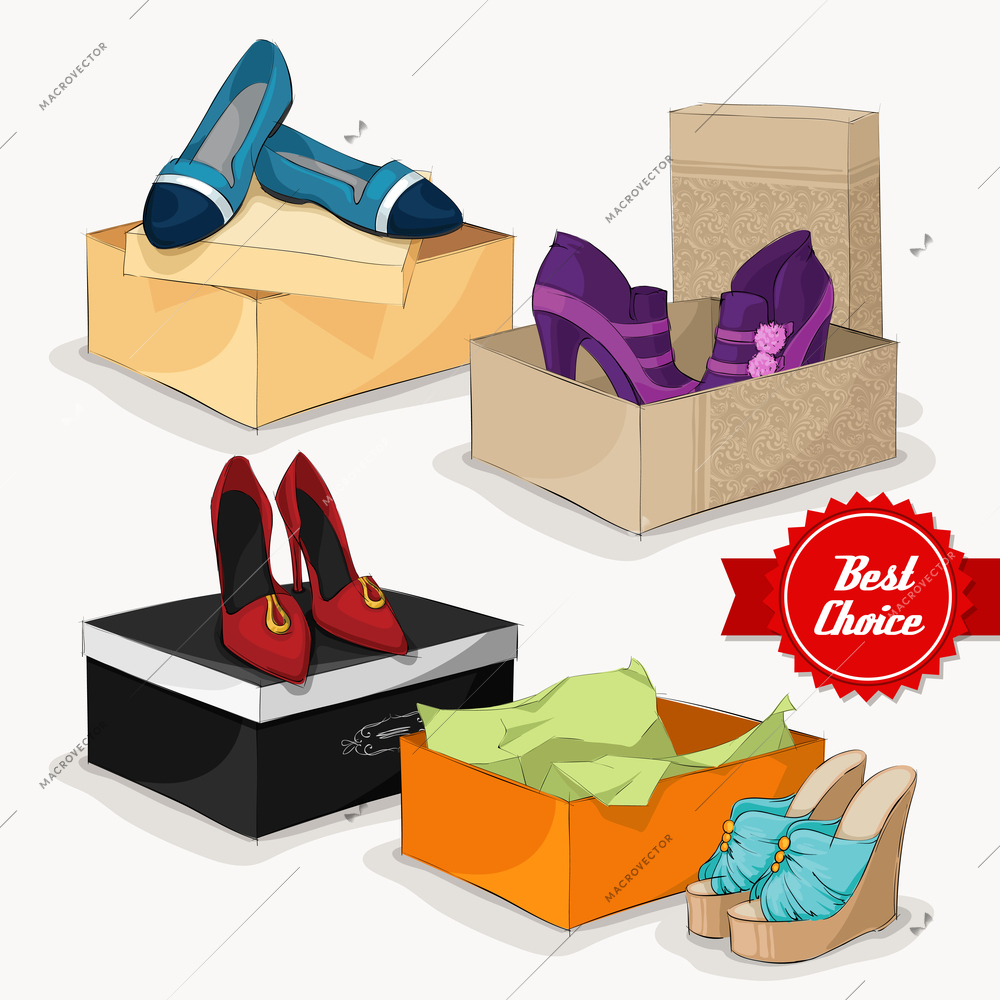 Fashion collection of classic woman's shoes ankle boots sandals and ballet flats with gift boxes isolated vector illustration
