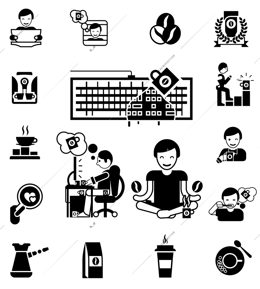 Coffee and waking up black white icons set with computer and cup flat isolated vector illustration