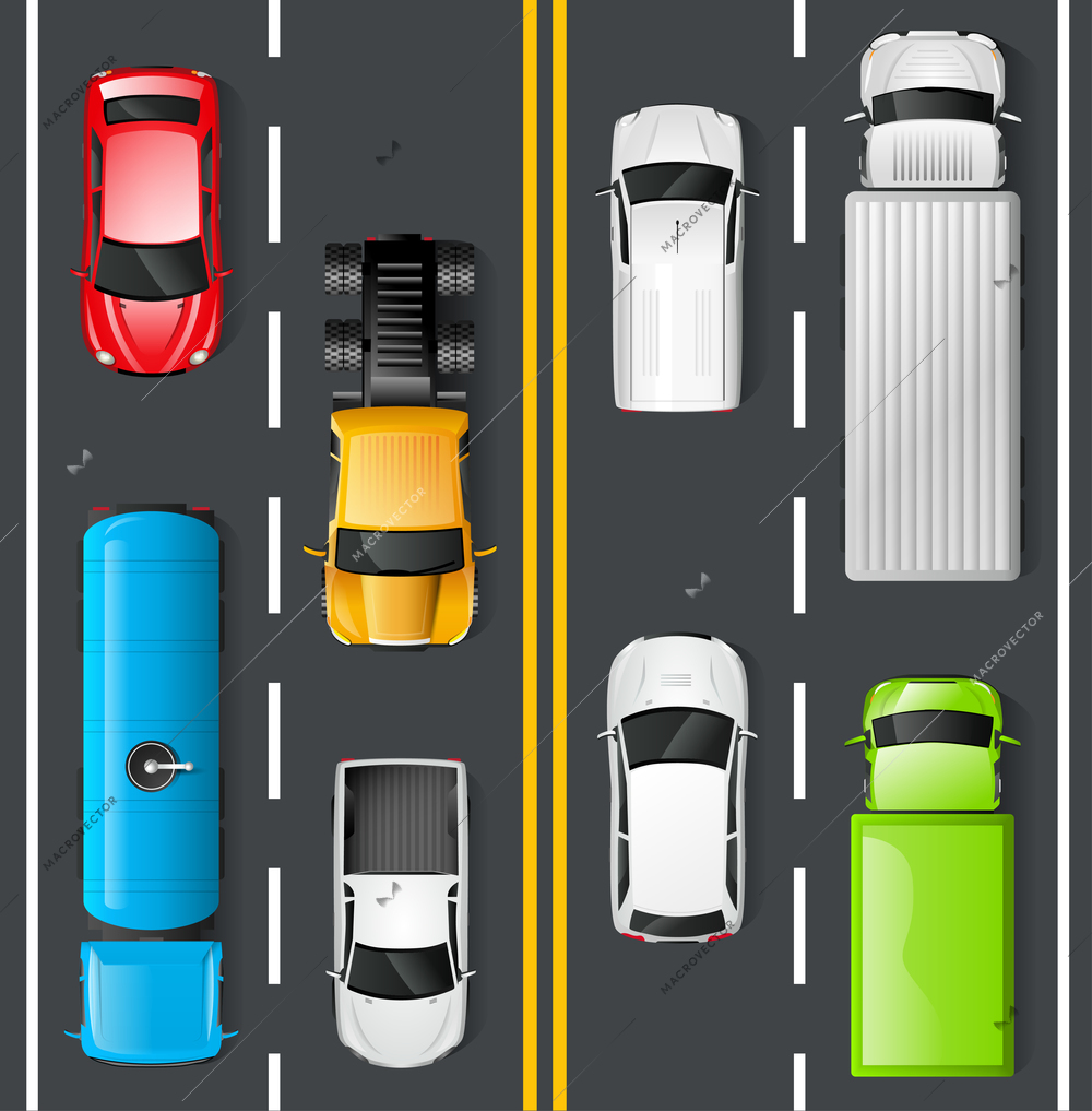 Highway traffic concept with top view cars and trucks on asphalt road vector illustration