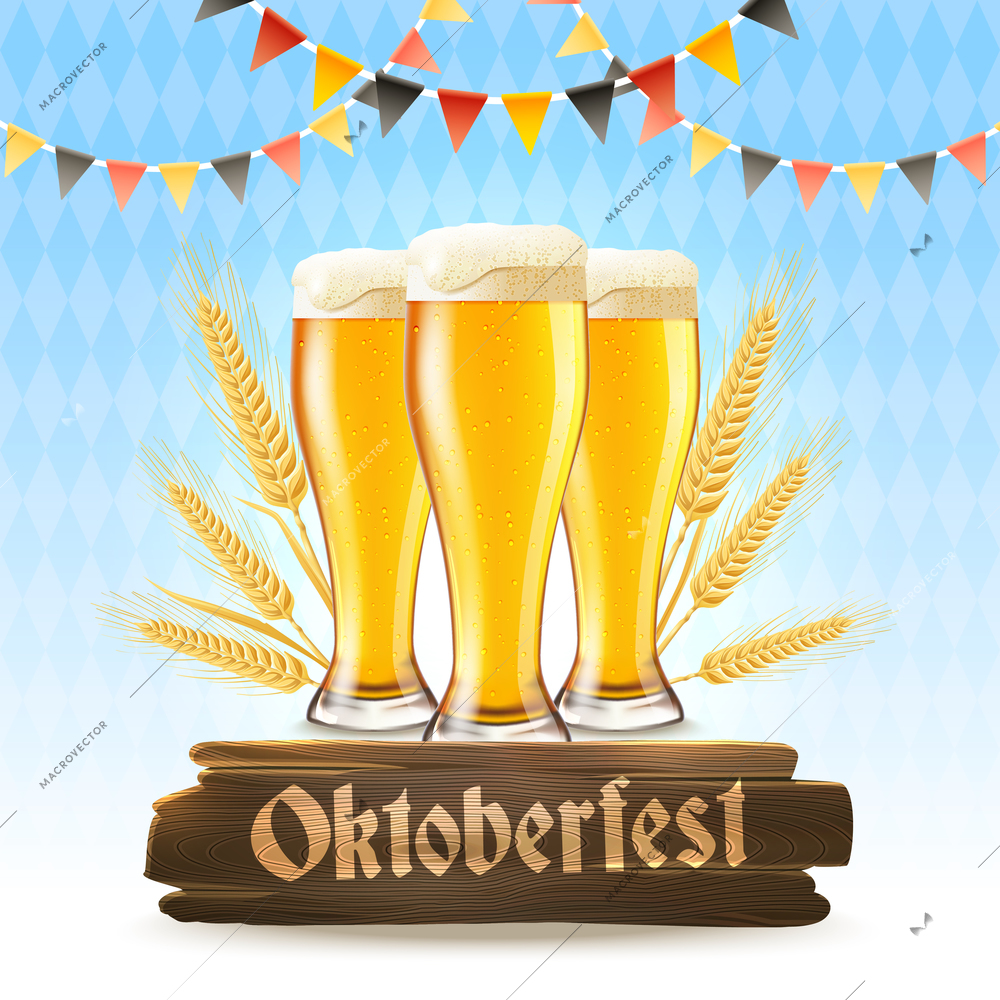 Oktoberfest poster with realistic lager glasses wheat and wooden signboard vector illustration