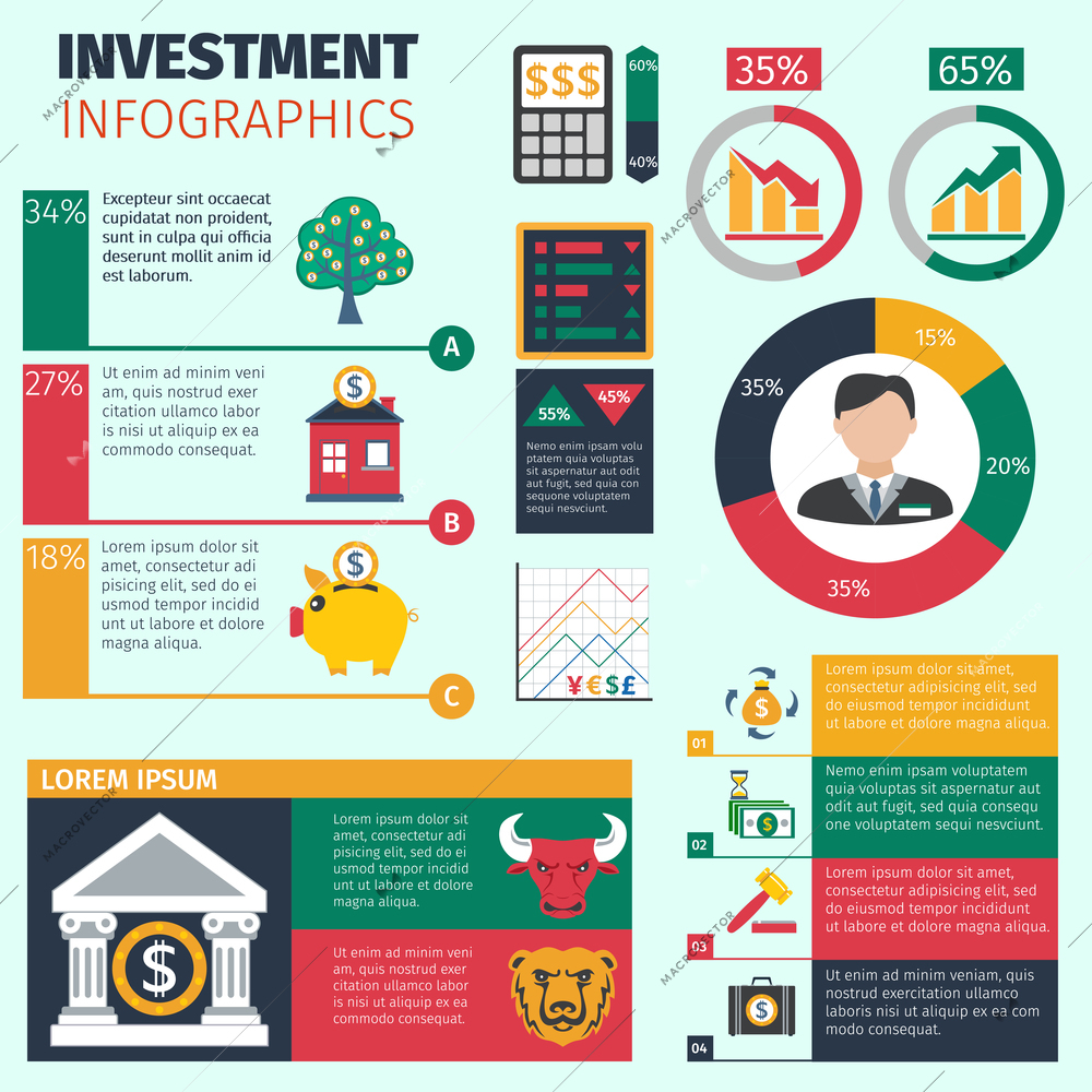 Investment infographics set with financial symbols and charts vector illustration