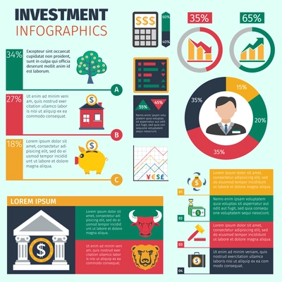 Investment infographics set with financial symbols and charts vector illustration