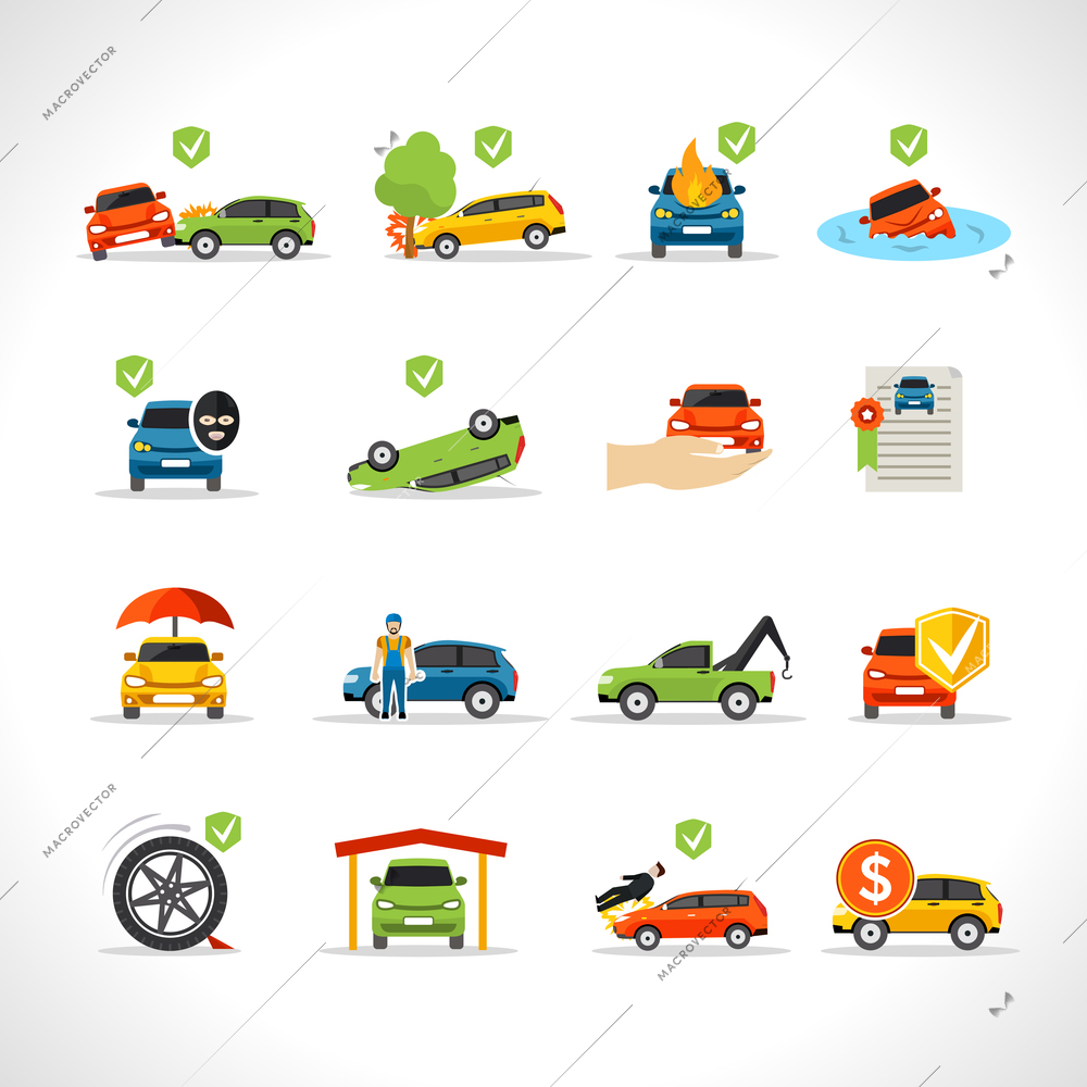 Car insurance thief and disaster protection icons set isolated vector illustration