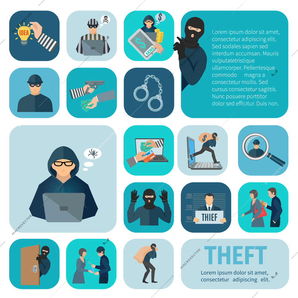 Stealing and theft icons set with robbery and pickpocket flat isolated vector illustration