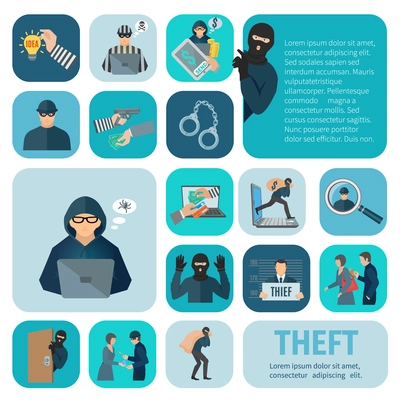 Stealing and theft icons set with robbery and pickpocket flat isolated vector illustration
