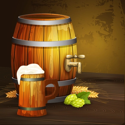 Old vintage beer bar background poster print with oak barrel and big wooden mug realistic vector illustration