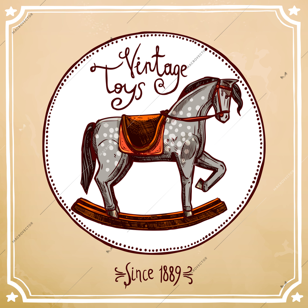 Hand drawn vintage style rocking horse toy label vector illustration