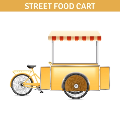 Street food cart with wheels doors and tent realistic vector illustration