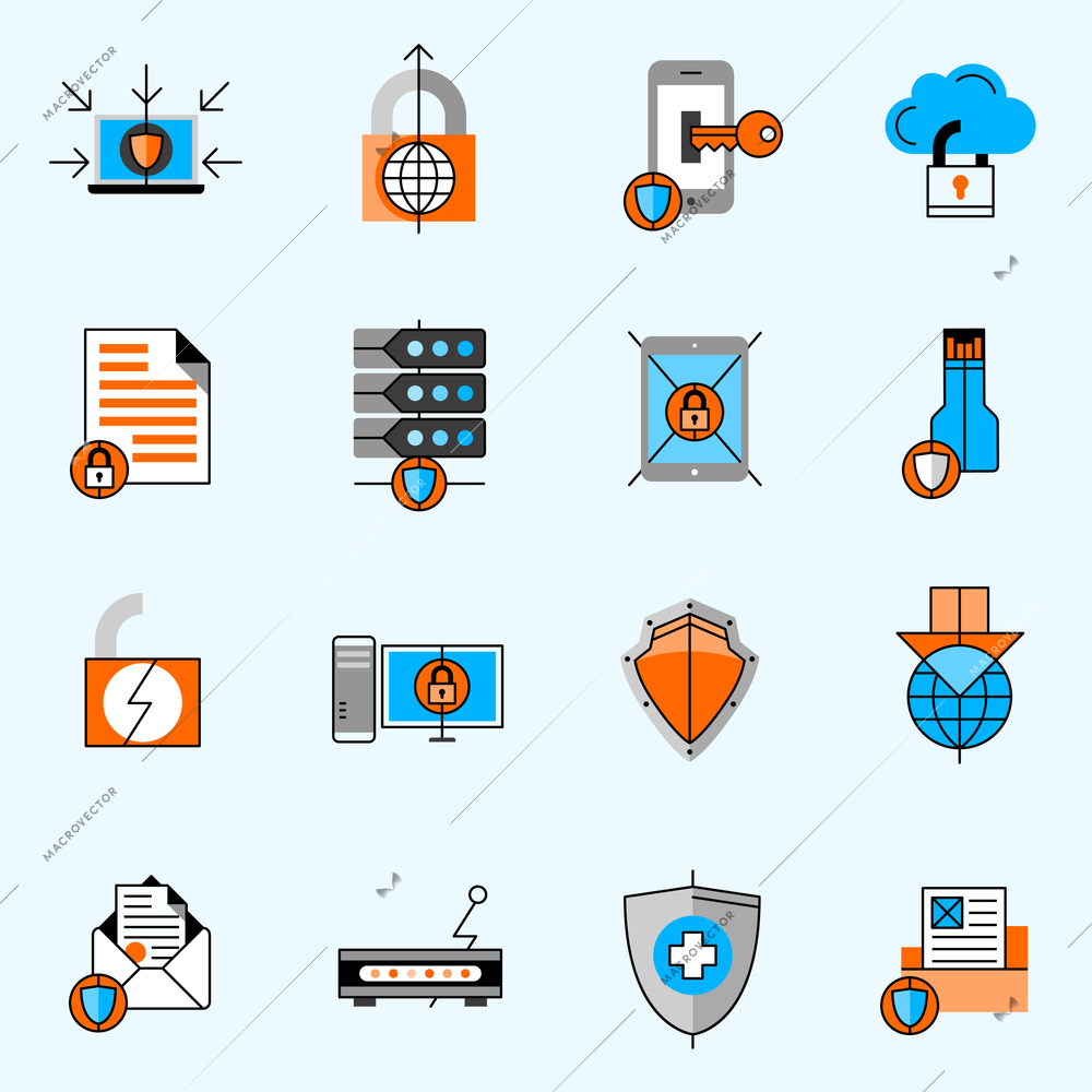 Data protection line icons set with locks and shields flat isolated vector illustration