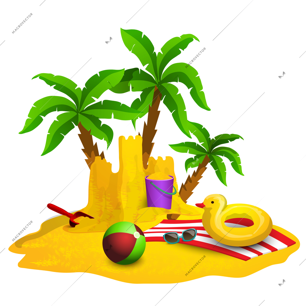 Beach rest background with sandcastle ball and palms cartoon vector illustration