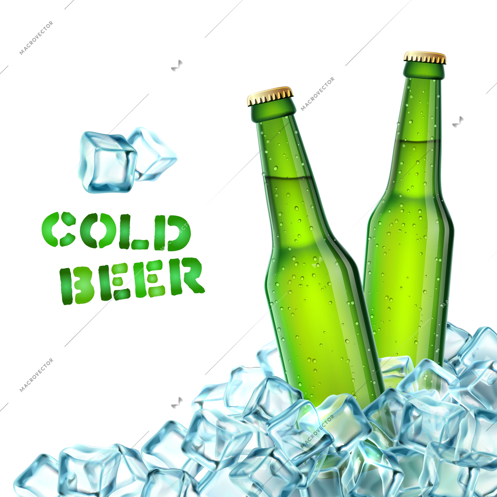 Realistic green beer bottles in ice cubes decorative icons vector illustration