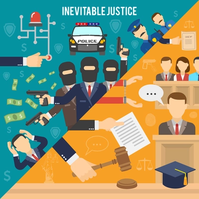 Heist with robbers and police than court and inevitability of justice flat color seamless concept vector illustration