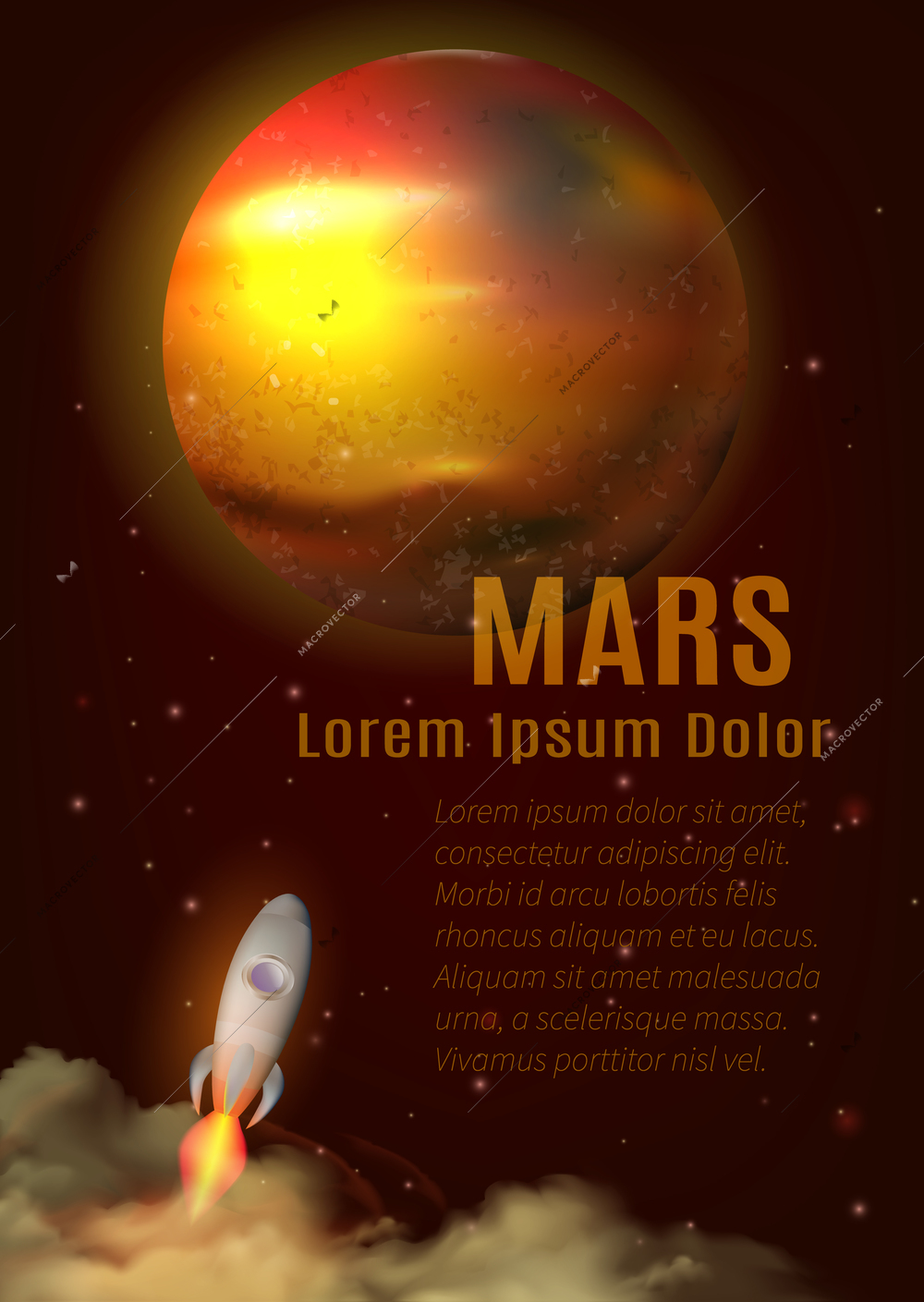 Mars planet poster with title text space and spaceship cartoon vector illustration