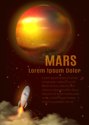 Mars planet poster with title text space and spaceship cartoon vector illustration