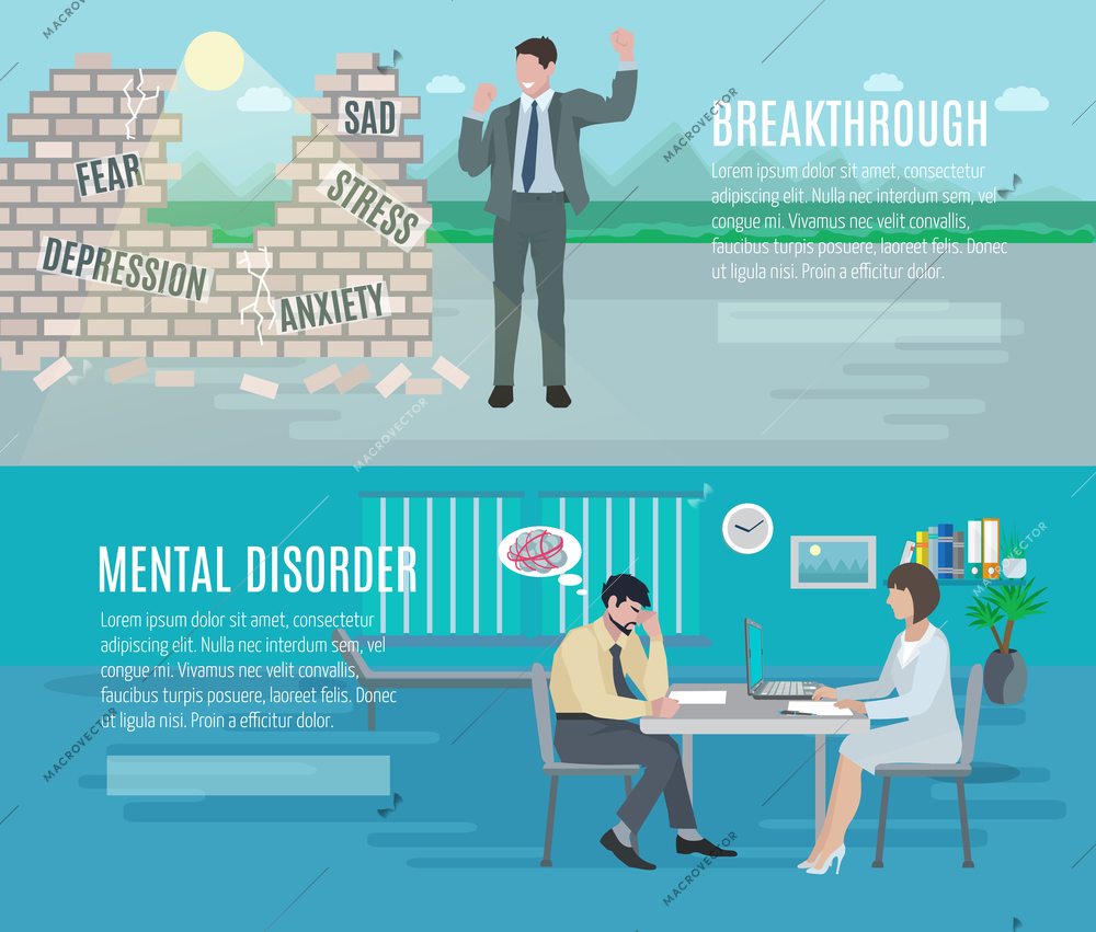 Mental health anxiety disorder breakthrough with psychiatrist counseling  2 flat horizontal banners set abstract isolated vector illustration