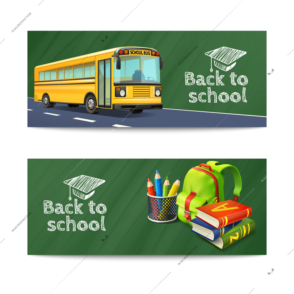 Back to school horizontal banners set with bus rucksack and books realistic isolated vector illustration