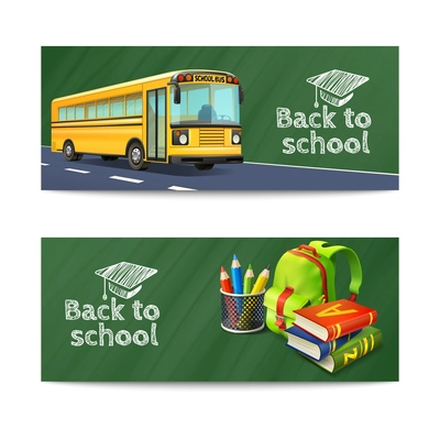 Back to school horizontal banners set with bus rucksack and books realistic isolated vector illustration