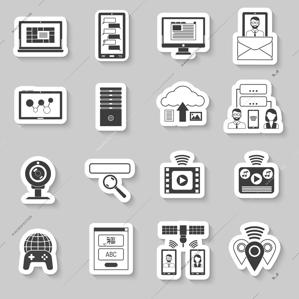 It and information technologies paper stickers set isolated vector illustration