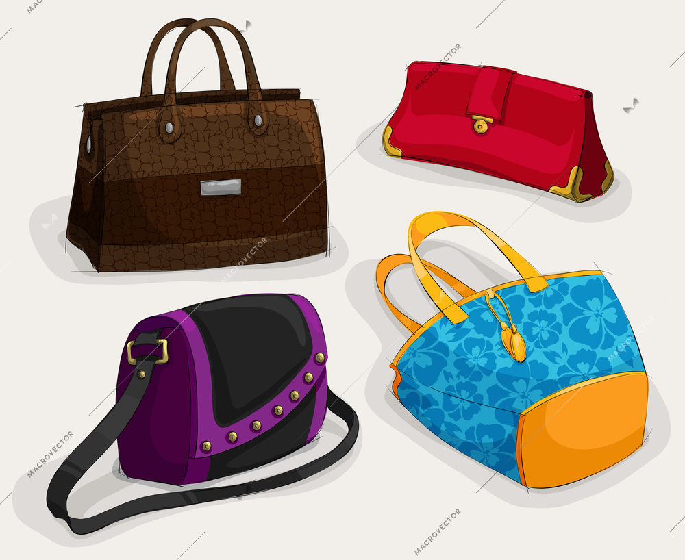 Fashion woman's bags collection of classic leather bag handbag satchel and clutch isolated vector illustration